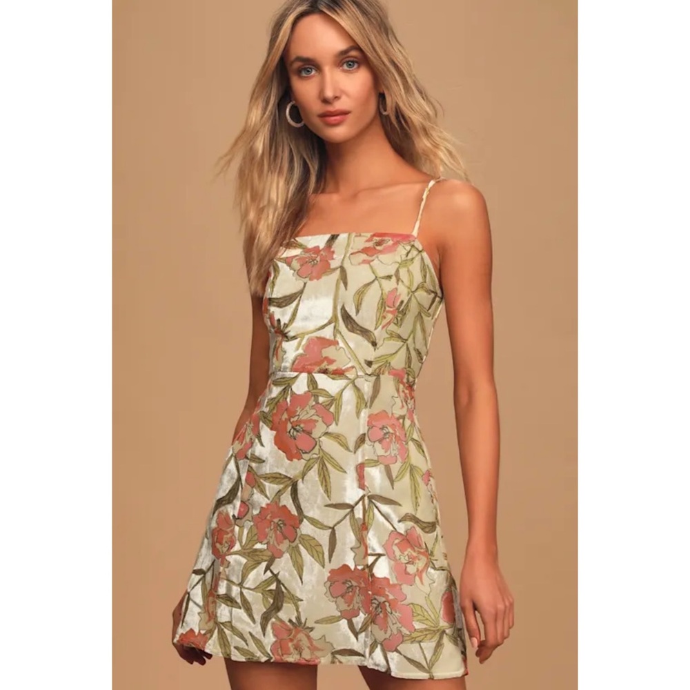 Lulus Daylight Dance Cream Floral Print Velvet Mini Dress Sz Large - Picture 3 of 15